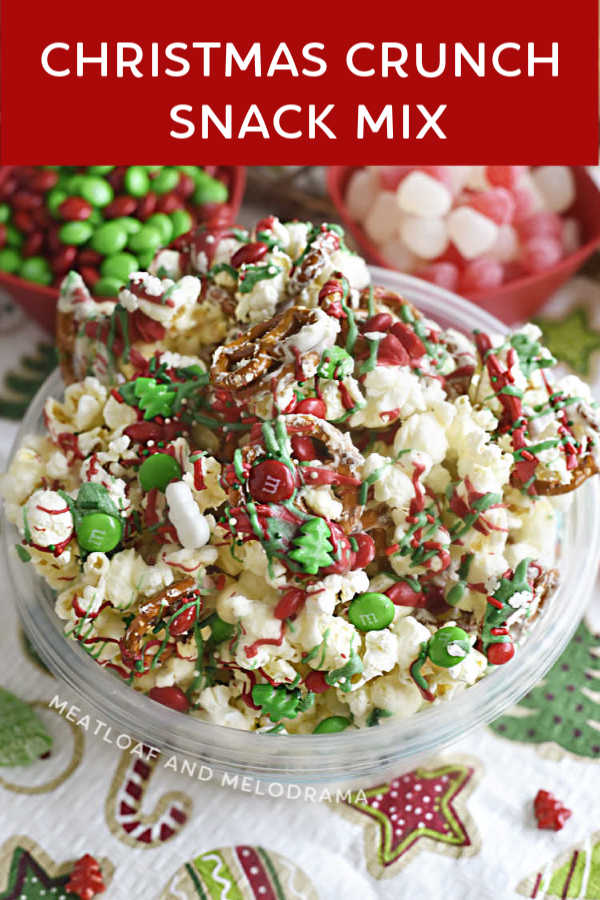 close up of christmas crunch snack mix in a holiday bowl