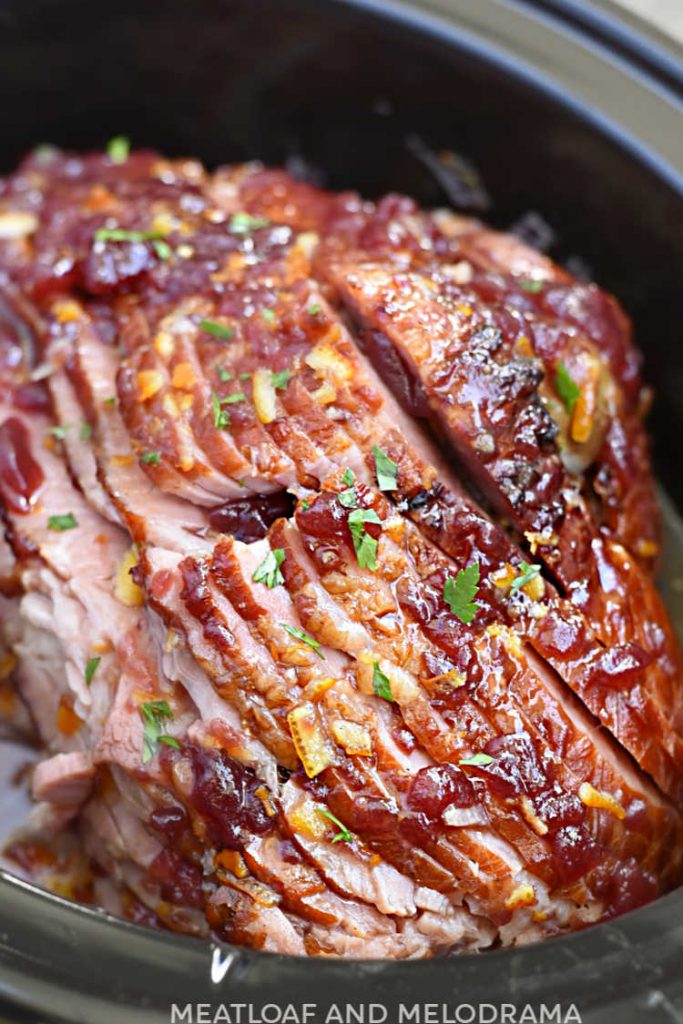 close up of spiral ham in slow cooker
