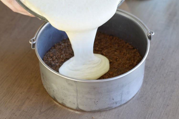 pour eggnog cheesecake batter over gingersnap crust