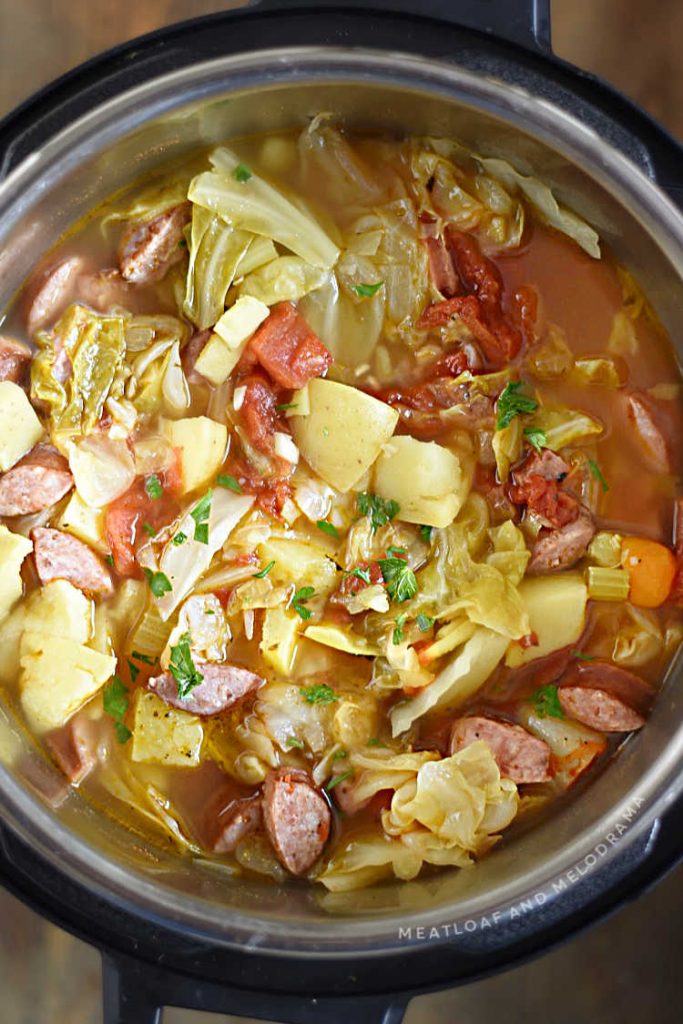 cabbage soup with potatoes and kielbasa slices in the instant pot