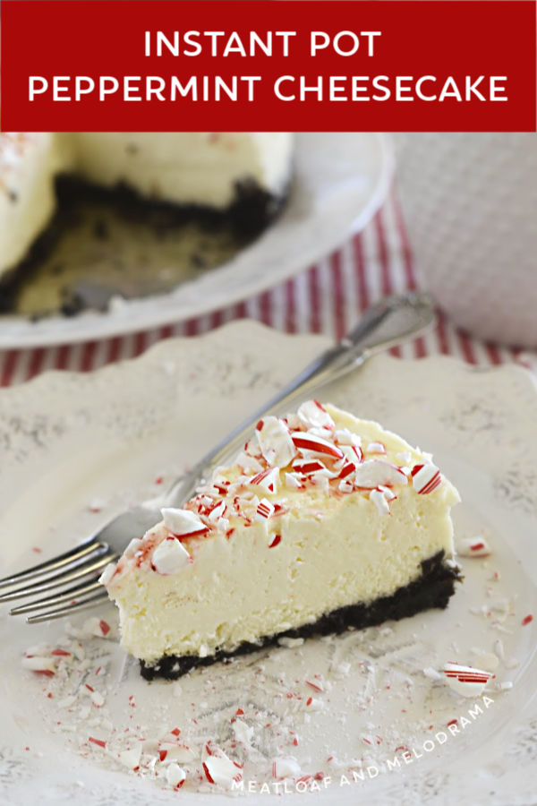 slice of instant pot peppermint cheesecake with oreo cookie crust