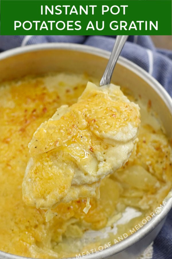 close up of instant pot potatoes au gratin on serving spoon