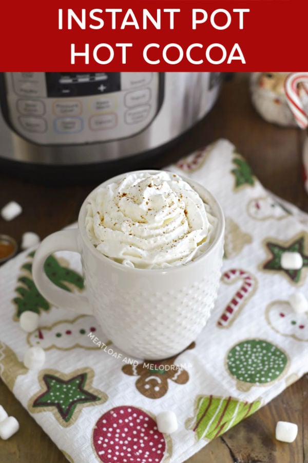 close up of instant pot hot chocolate in a white mug