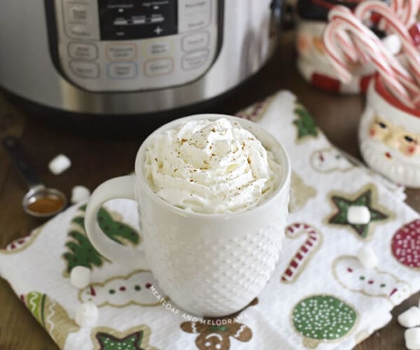 cup of hot chocolate with whipped cream in front of an instant pot