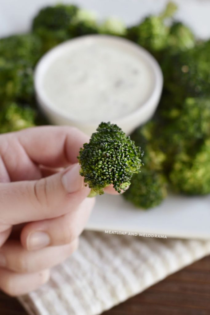 close up of hand holding crispy roasted broccoli