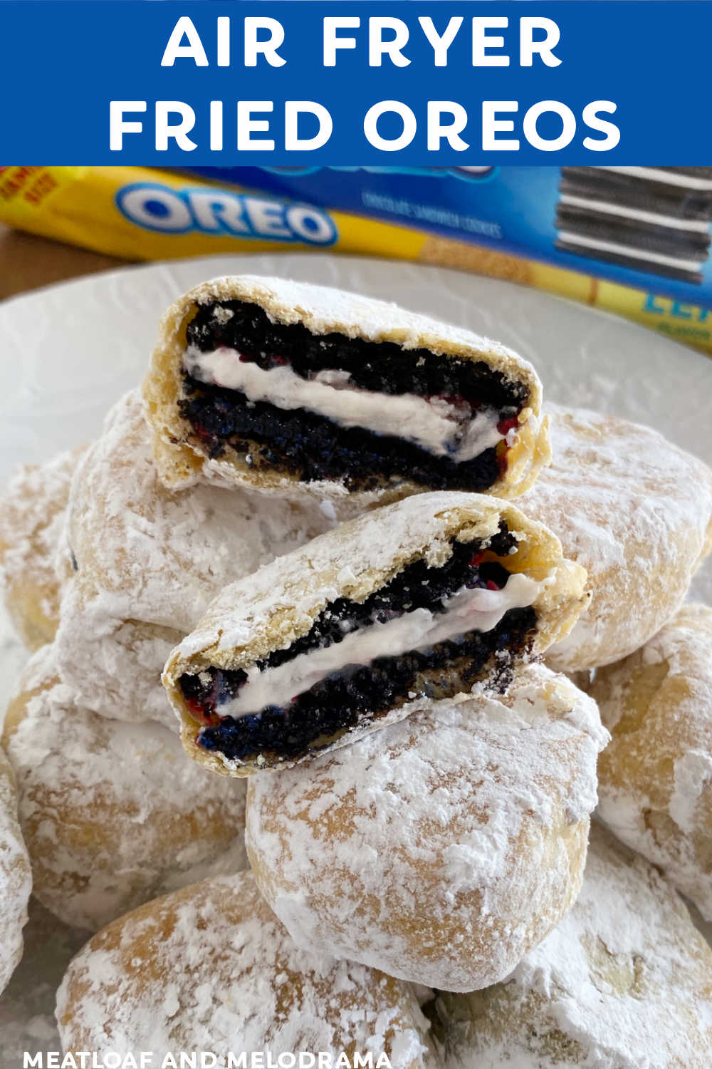 Make Air Fryer Fried Oreos with crescent roll dough and powdered sugar for a super easy dessert that's better than fried Oreo cookies you get at the fair! No hot oil and no mess with this easy and delicious sweet treat! via @meamel