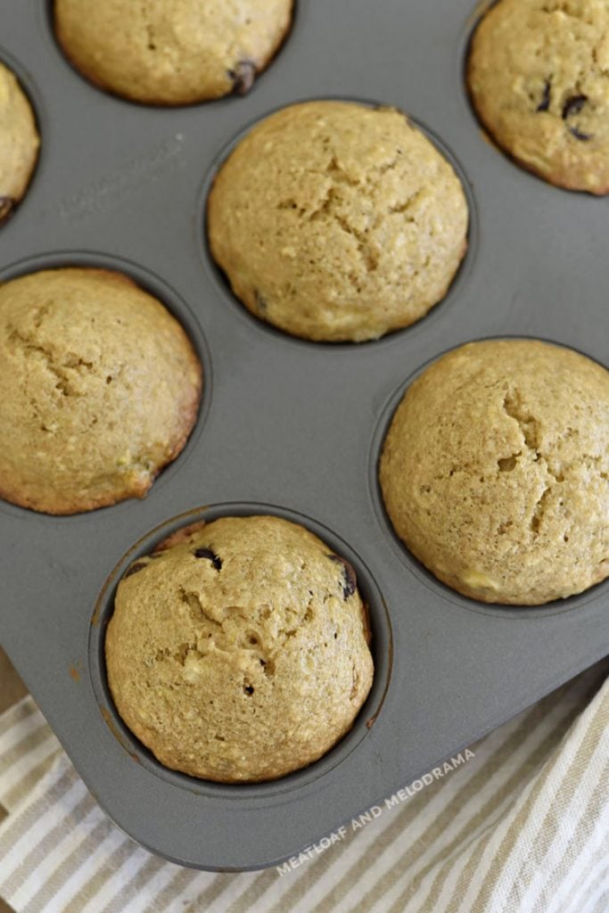 banana muffins made with applesauce in muffin tin