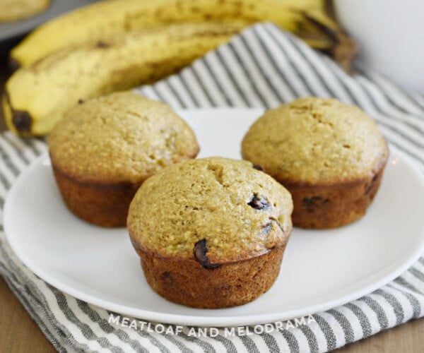 banana applesauce muffins with chocolate chips on a white plate
