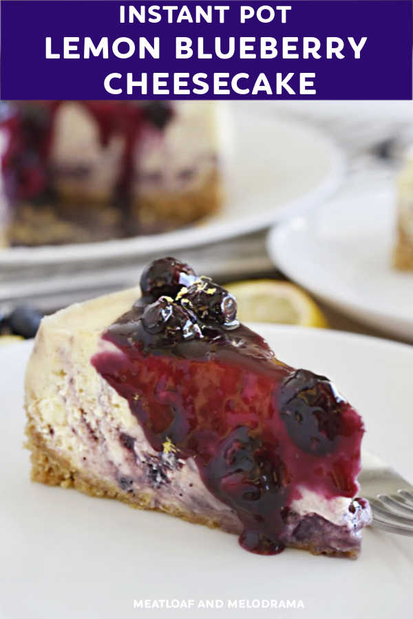 close up of slice of blueberry lemon cheesecake with blueberry topping