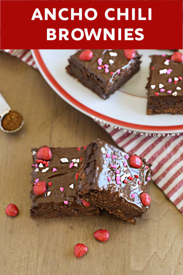 Ancho Chili Brownies topped with melted chocolate and cinnamon Imperials are sweet, smokey and slightly spicy. This easy brownies recipe is perfect for an easy Valentine's Day dessert! via @meamel