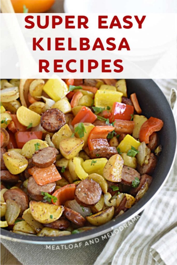 kielbasa with potatoes and peppers in a skillet