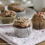 2 ingredient chocolate cupcakes with chocolate frosting and sprinkles