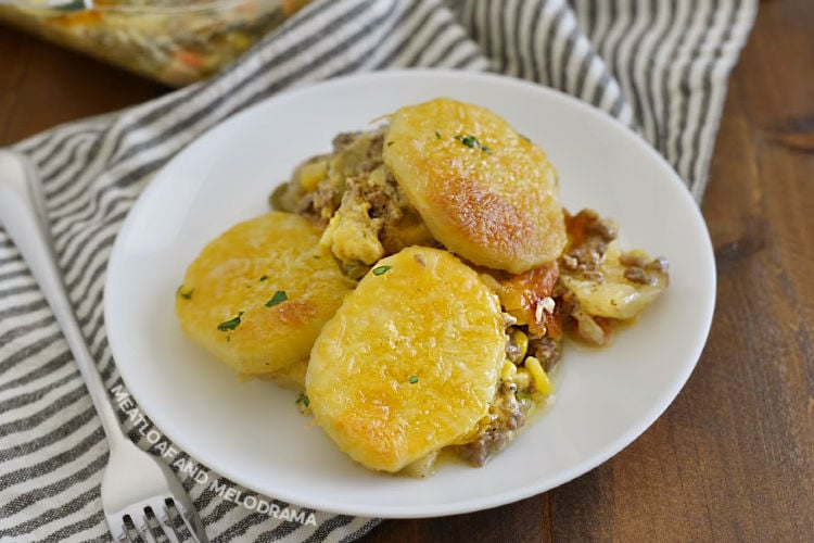 hamburger potato casserole on a white plate