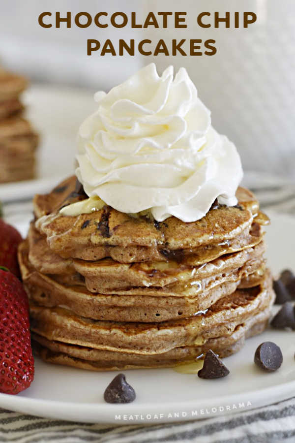 close up of chocolate chip pancakes stacked