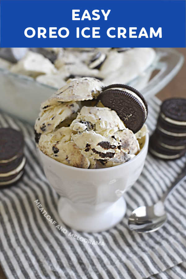 oreo ice cream with oreo cookie on top in white bowl