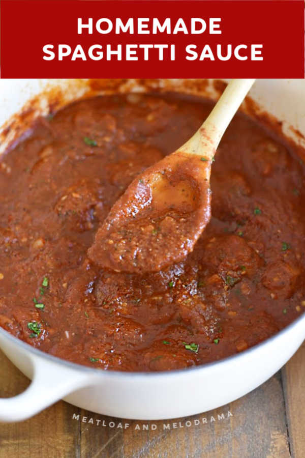close up of spaghetti sauce in white dutch oven