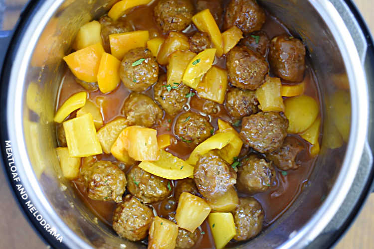 meatballs with pineapple and peppers in the pressure cooker