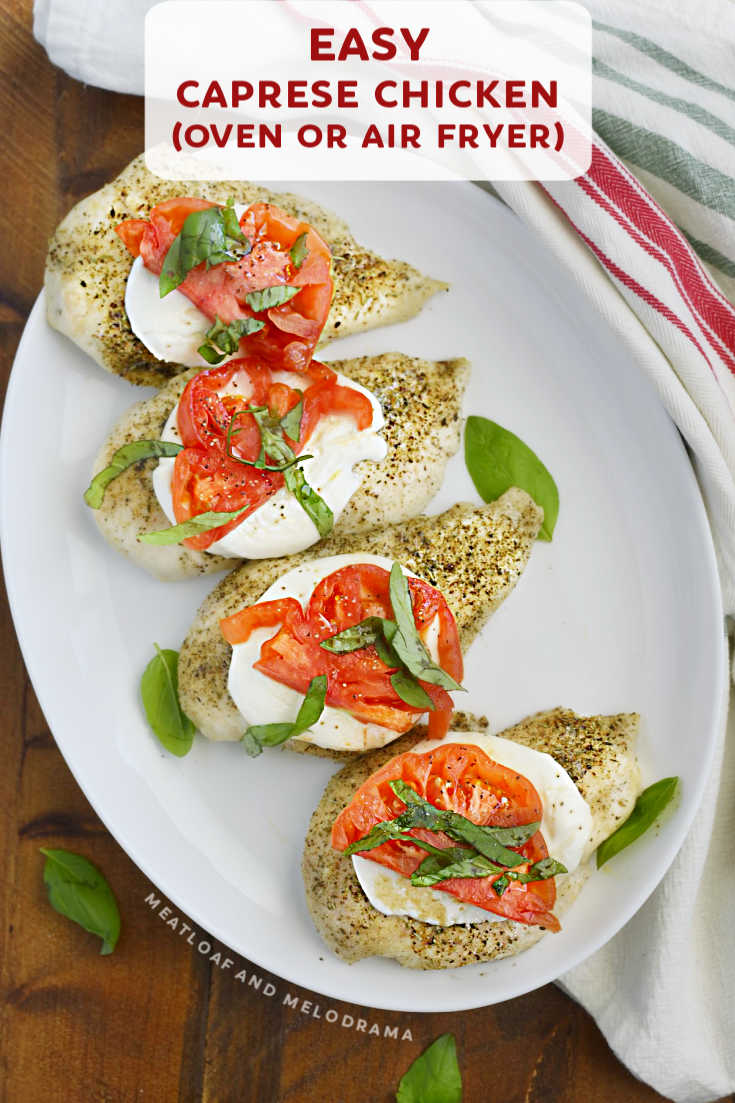 This Easy Caprese Chicken recipe with tomato, mozzarella and basil bakes on a sheet pan or in the air fryer in just 20 minutes. A light, quick summer dinner! via @meamel