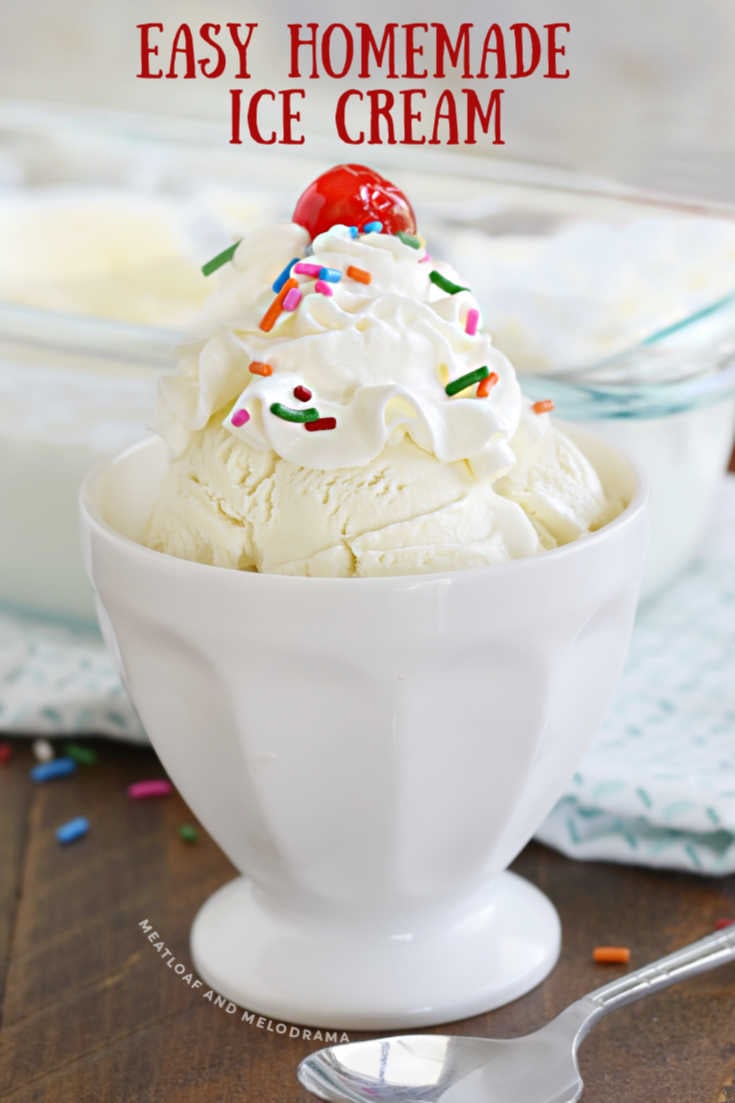 close up of vanilla ice cream with whipped cream in white dish