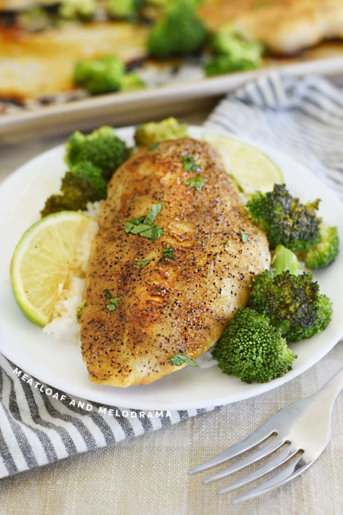 honey lime chicken breast with broccoli and rice on a plate