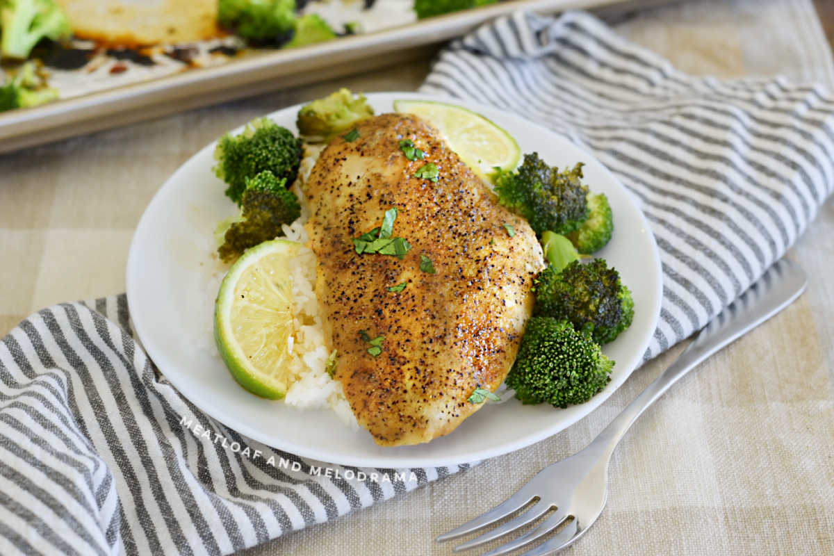 baked honey lime chicken with broccoli and rice on a plate