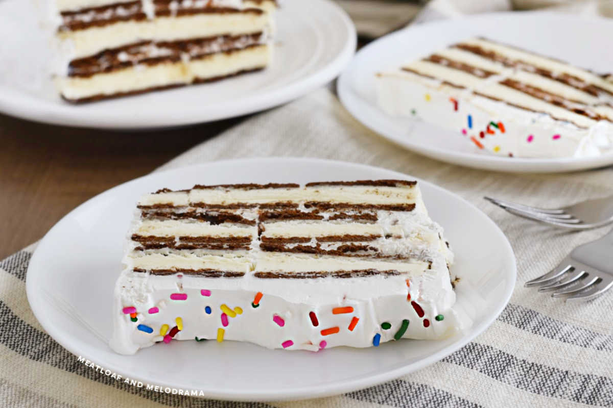 sliced ice cream sandwich cake on white plates