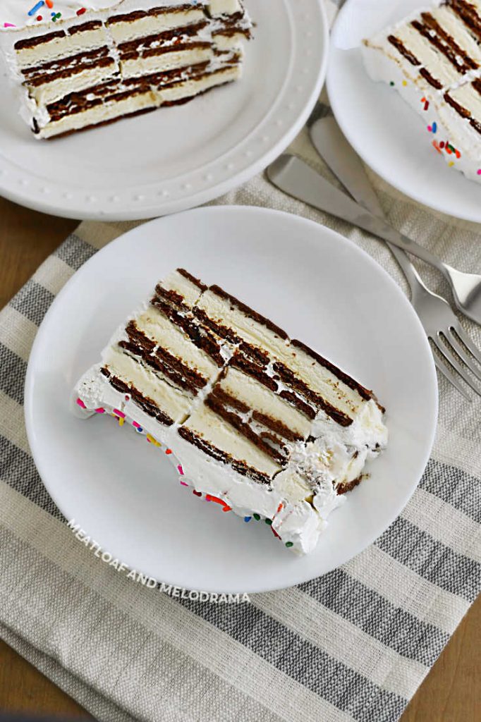 ice cream sandwich cake slices on white plates