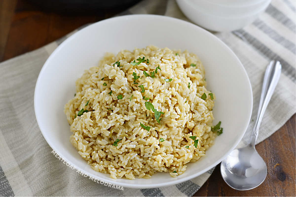 bowl of instant pot brown rice with parsley