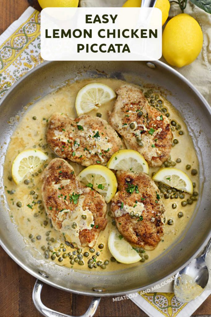 overhead photo of chicken in lemon cream sauce with capers in skillet