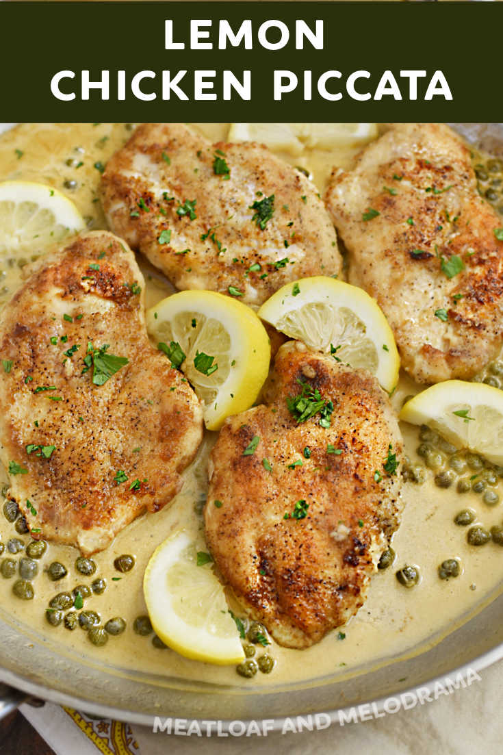 Lemon Chicken Piccata made with pan fried chicken breasts in a tangy creamy sauce with capers is a quick and easy dinner you can make at home in minutes! via @meamel