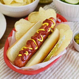 air fried hot dog in a bun with ketchup and mustard