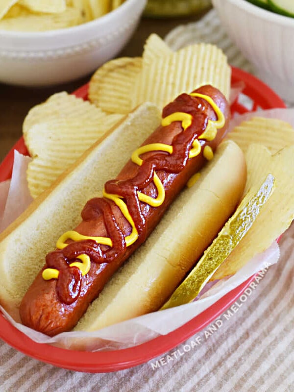 air fried hot dog in a bun with ketchup and mustard