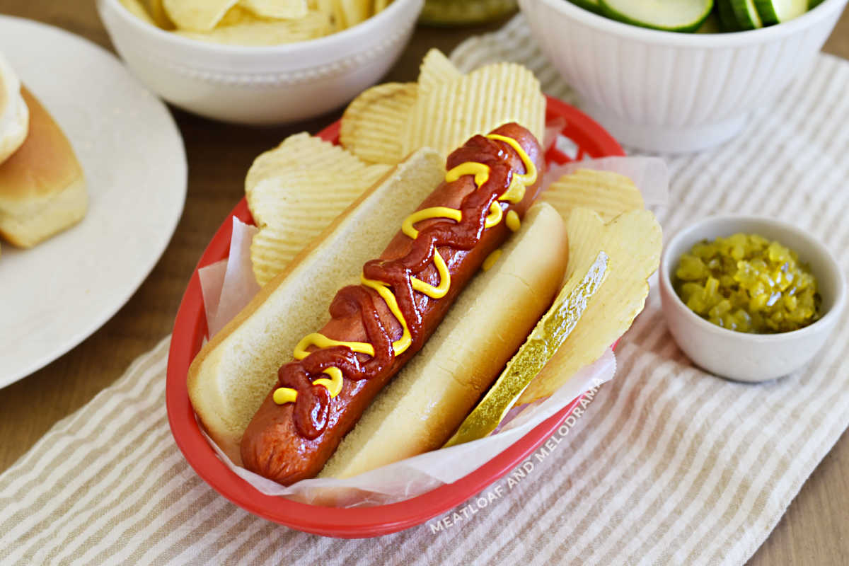 air fried hot dog in a bun with ketchup and mustard