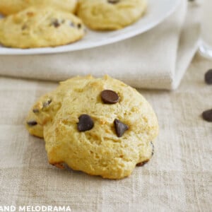 banana cookie made with cake mix and chocolate chips on table