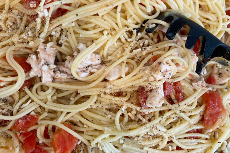 mix chicken and pasta in casserole dish