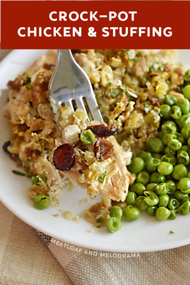 Crock Pot Chicken and Stuffing casserole is a super easy one dish dinner made with chicken breasts and stuffing mix in the slow cooker. via @meamel