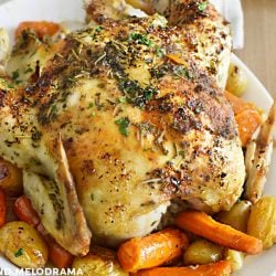 easy roast chicken with carrots and potatoes on a white platter