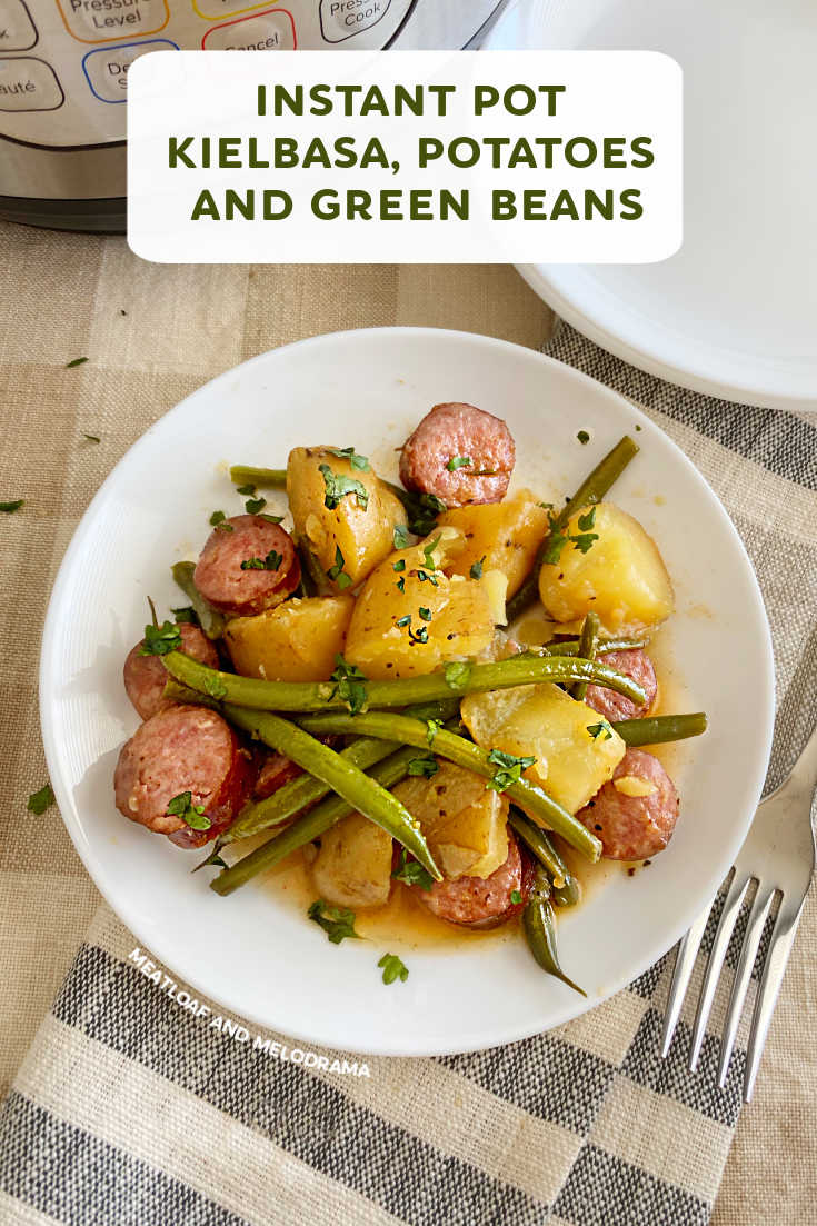 Instant Pot Kielbasa, Potatoes and Green Beans is an easy one dish dinner made with smoked sausage, baby potatoes and fresh green beans. Simple and delicious comfort food! via @meamel