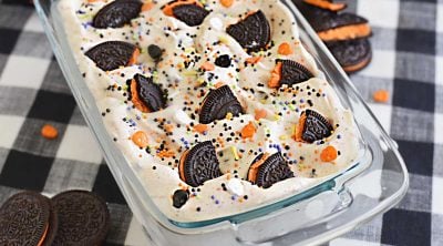 no churn halloween ice cream with oreo cookies in a loaf pan