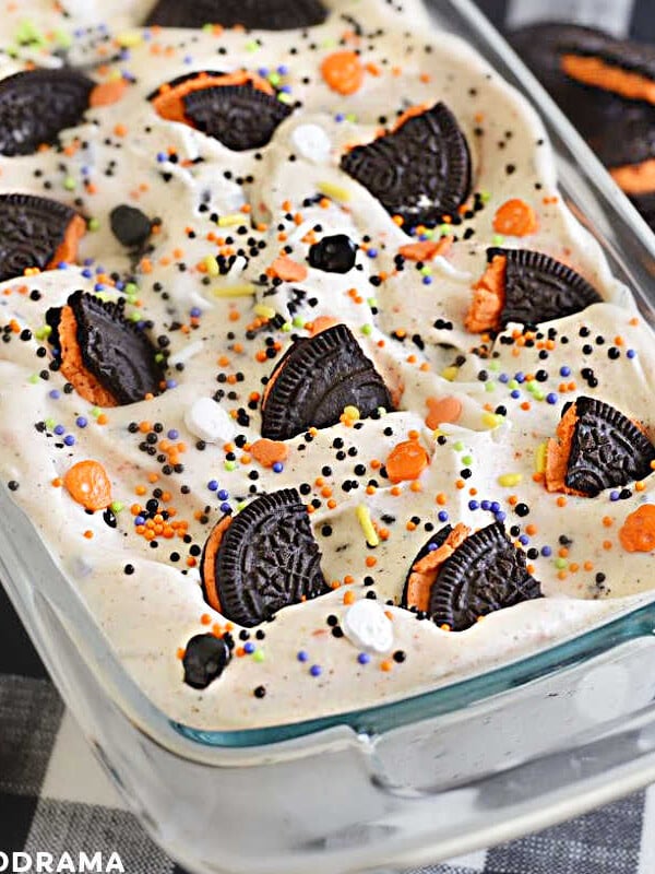 no churn halloween ice cream with oreo cookies in a loaf pan
