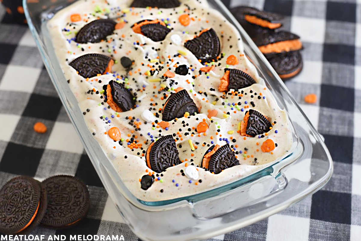 no churn halloween ice cream with oreo cookies in a loaf pan