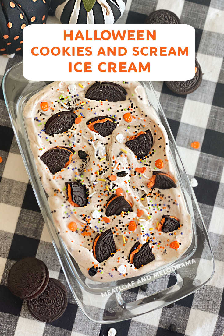 No Churn Homemade Halloween Ice Cream is an easy fall dessert made with Oreo cookies, cream, sweetened condensed milk and fall candies. You'll love this Cookies and Scream! via @meamel