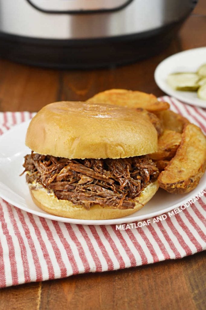 bbq beef sandwich with fries on a plate