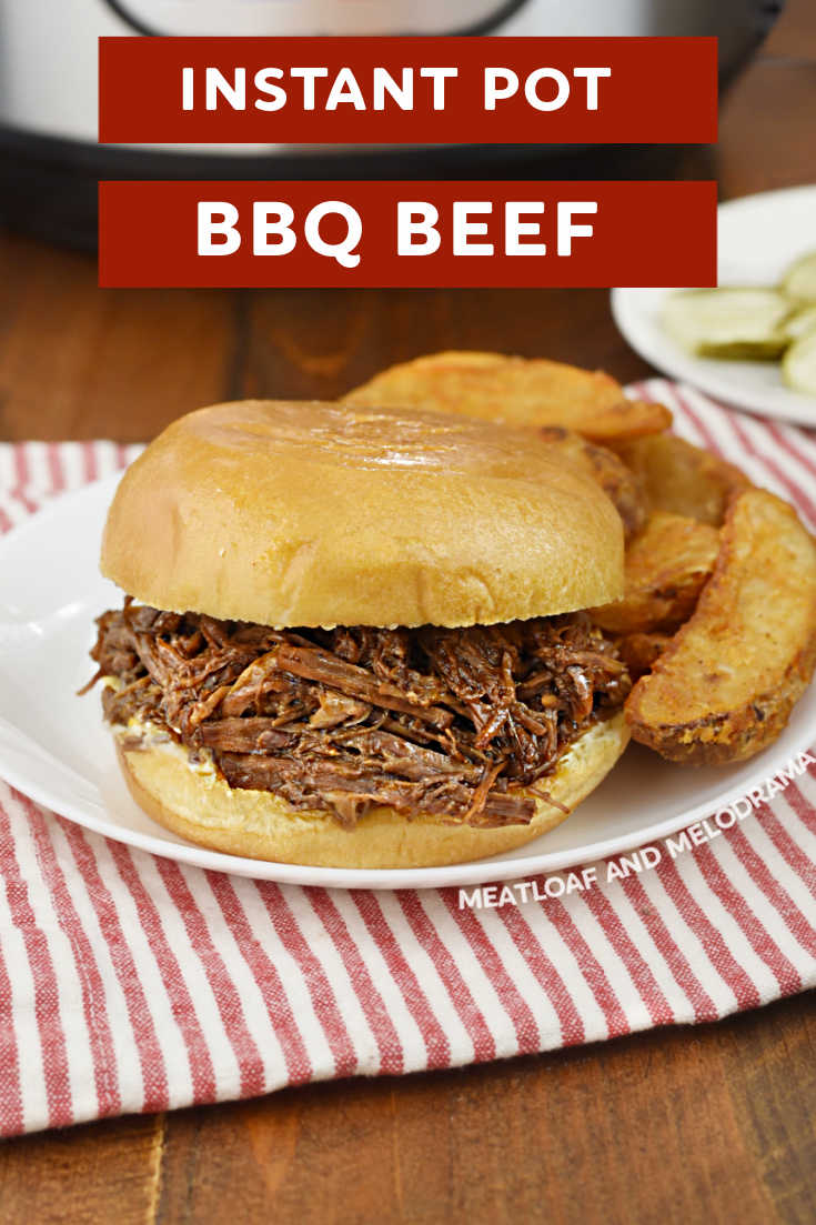 Instant Pot BBQ Beef Roast is fork tender, juicy and delicious. Make the best shredded barbecue beef sandwiches with this easy recipe for pressure cooker chuck roast. via @meamel