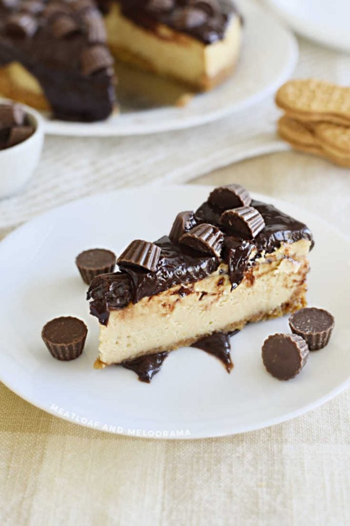slice of cheesecake with peanut butter cups on a white plate
