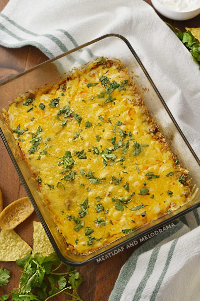 baked hot taco dip in a glass dish