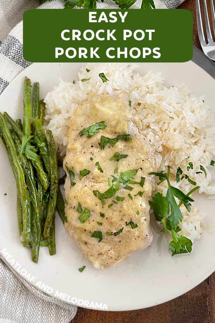 Easy Crock Pot Pork Chops are creamy, fork tender and delicious. These boneless fall apart, slow cooker pork chops are perfect for a simple weeknight dinner! via @meamel