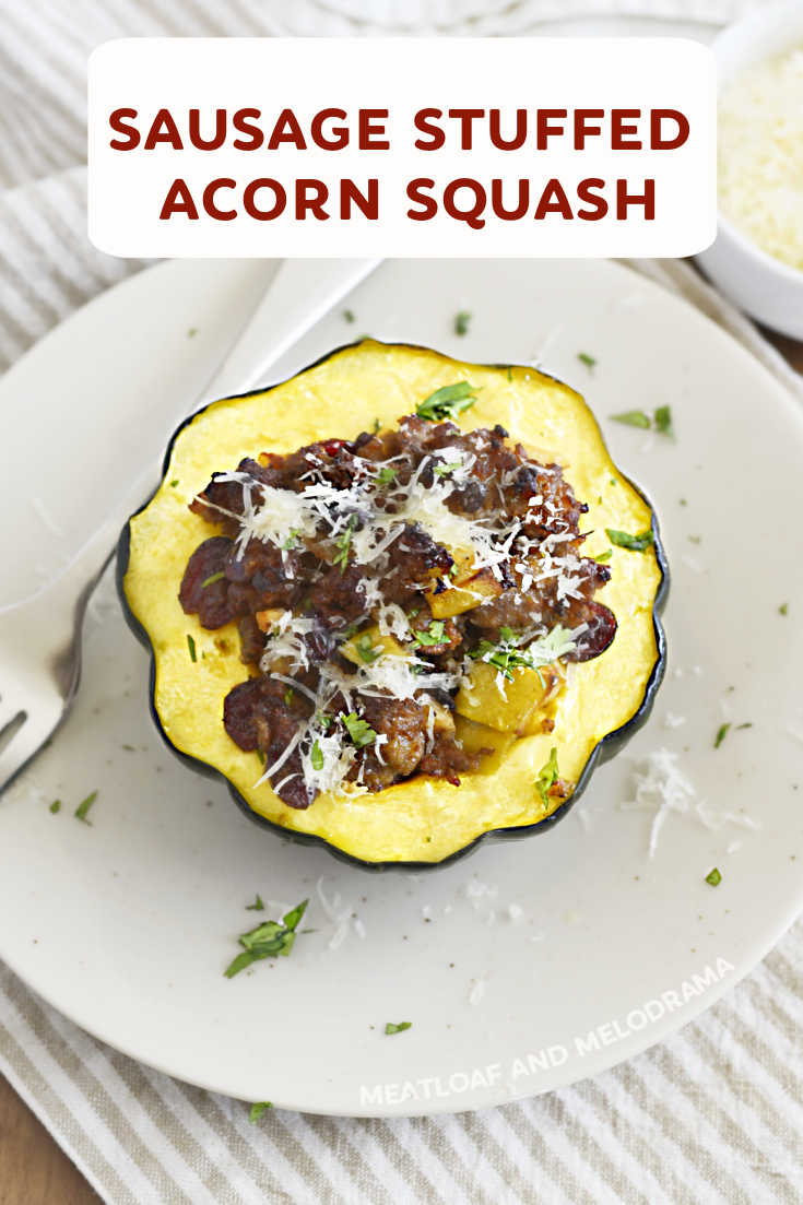 Savory Sausage Stuffed Acorn Squash with apples, dried cranberries and Parmesan cheese is an easy dinner that's perfect for fall! via @meamel