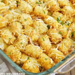taco tater tot casserole with cilantro in a baking dish