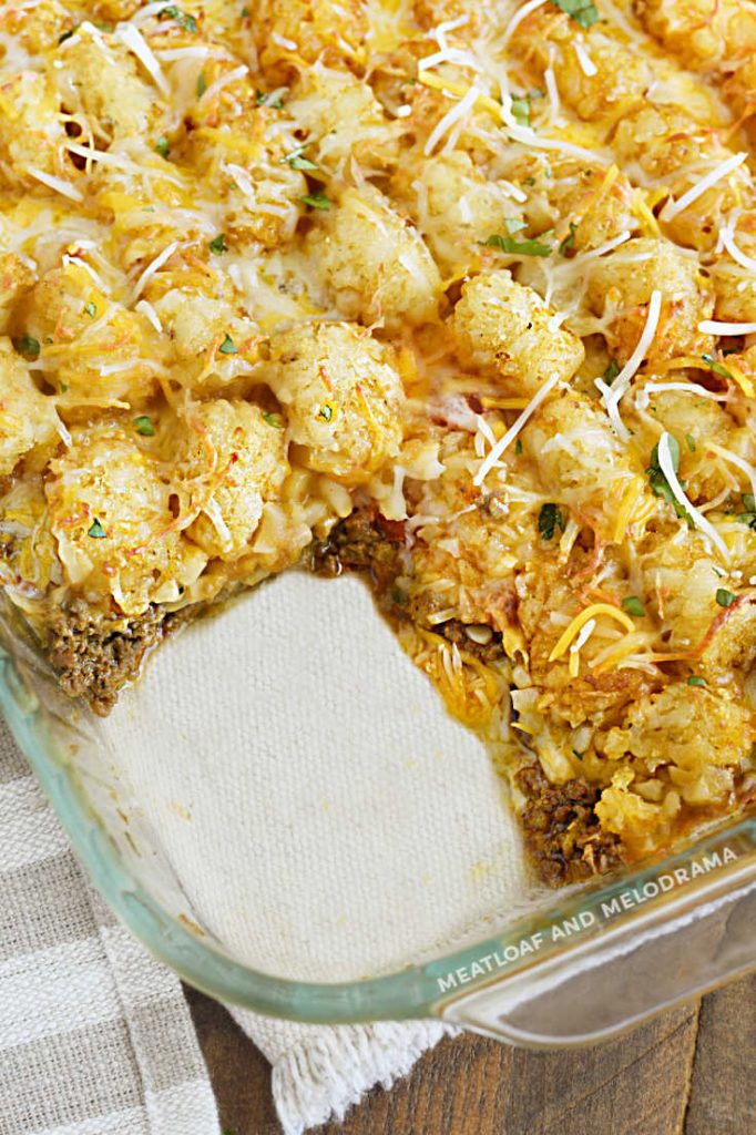 baked Mexican tater tot hot dish with square missing